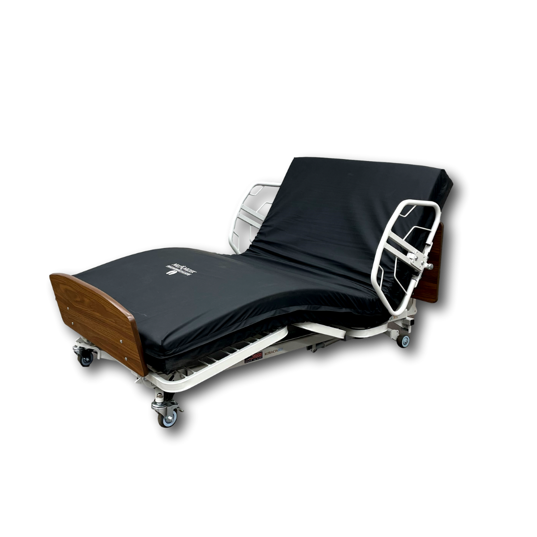 The Med-Mizer RetractaBed Bariatric Hi/Low Electric Bed, with width adjustment, features a black mattress, adjustable backrest, white metal frame, wooden head/footboards, safety rails, and wheels against a white background.